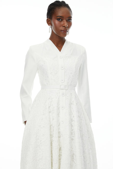 Andrea Midi Dress White V-Neck Lace Panel