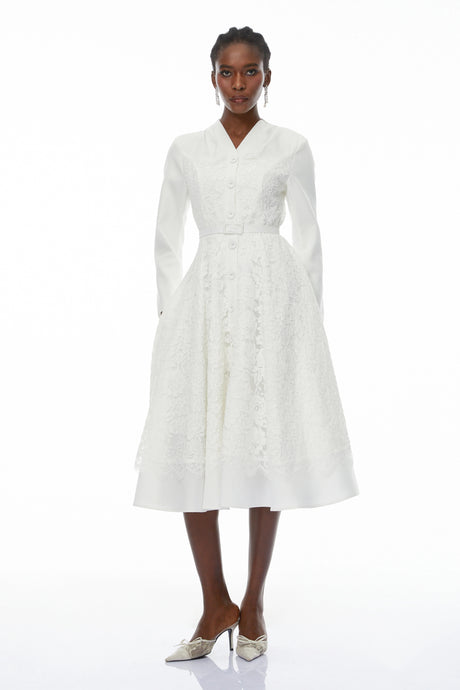 Andrea Midi Dress White V-Neck Lace Panel