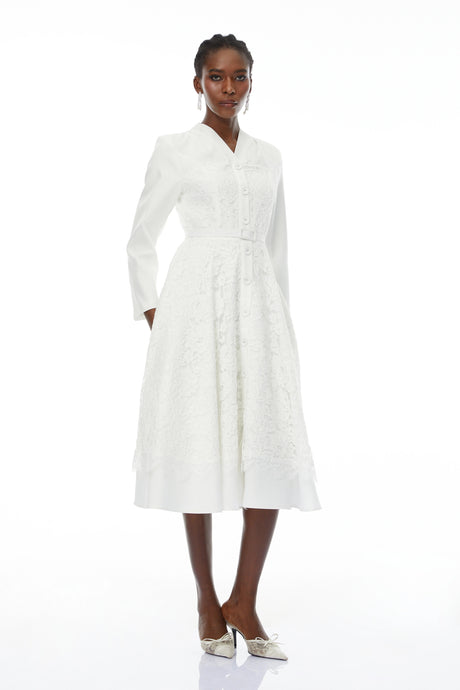 Andrea Midi Dress White V-Neck Lace Panel