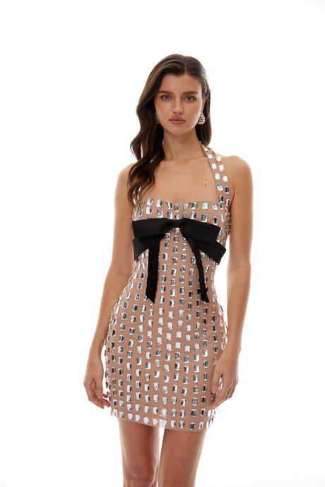 Kimora Mini Dress Silver Halterneck Bowknot Crystal