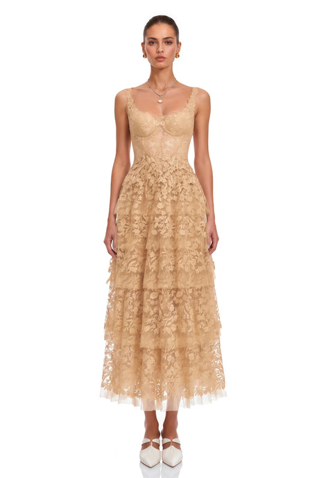 Bella Maxi Dress Neutral Tiered Lace