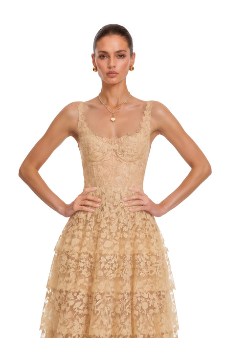 Bella Maxi Dress Neutral Tiered Lace