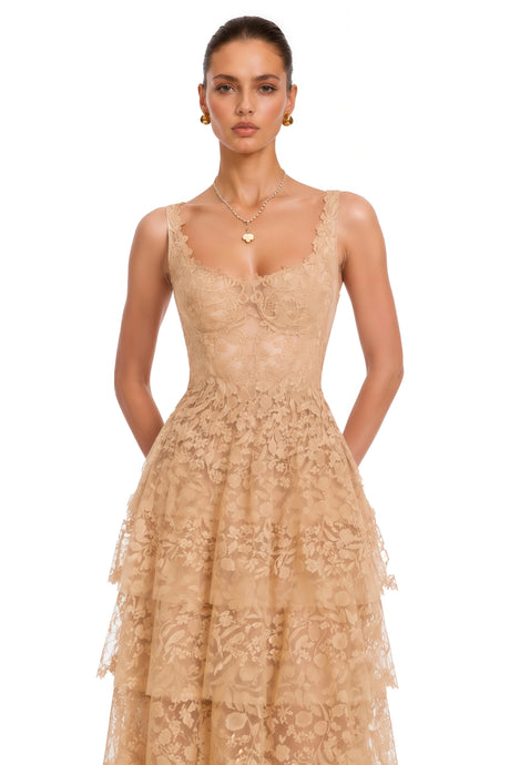 Bella Maxi Dress Neutral Tiered Lace
