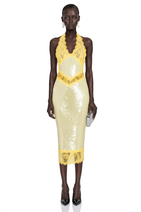 Jazlyn Midi Dress Yellow Sequin with Lace Panels