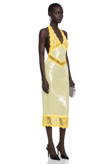 Jazlyn Midi Dress Yellow Sequin with Lace Panels