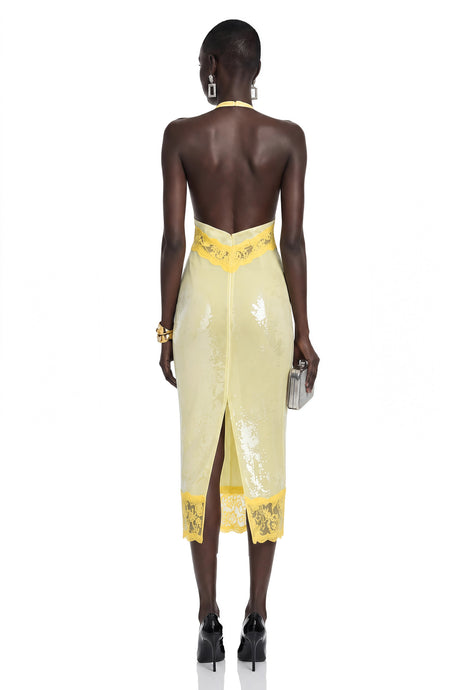 Jazlyn Midi Dress Yellow Sequin with Lace Panels
