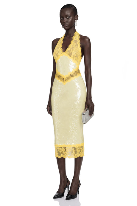 Jazlyn Midi Dress Yellow Sequin with Lace Panels