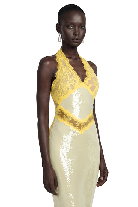 Jazlyn Midi Dress Yellow Sequin with Lace Panels