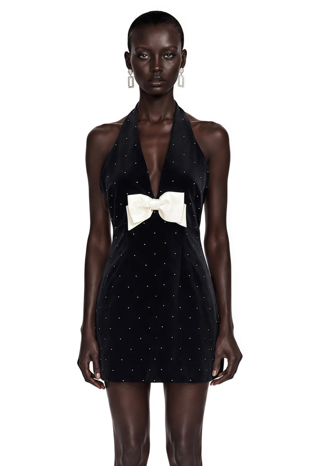 Grace Black Halterneck Mini Dress with Bow Detail