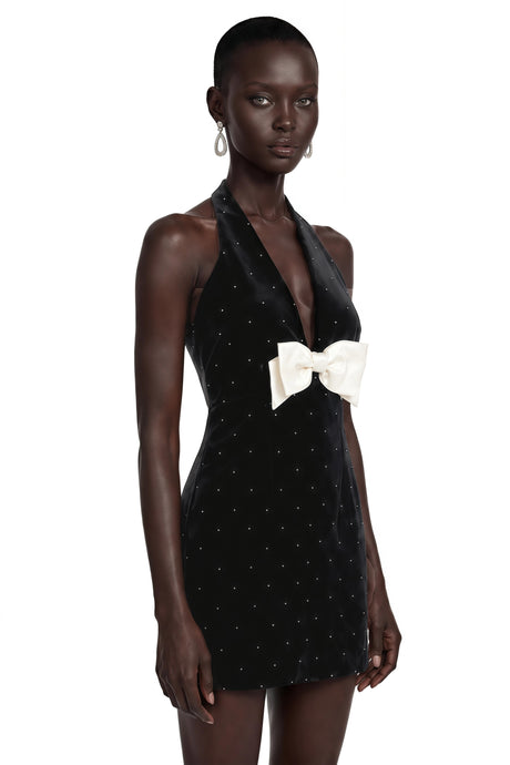 Stefania Mini Dress Black Halterneck with Bow Detail