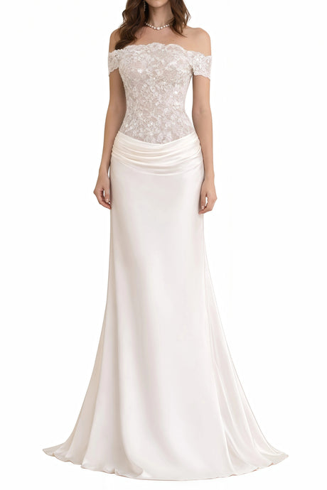 Aurora Maxi Dress White Satin with Lace Panels