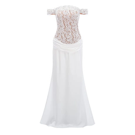 Aurora Maxi Dress White Satin with Lace Panels