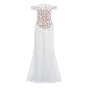 Grace White Satin Maxi Dress with Lace Panels