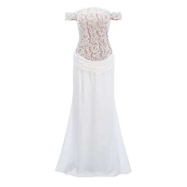 Grace White Satin Maxi Dress with Lace Panels