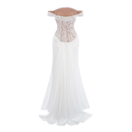 Aurora Maxi Dress White Satin with Lace Panels