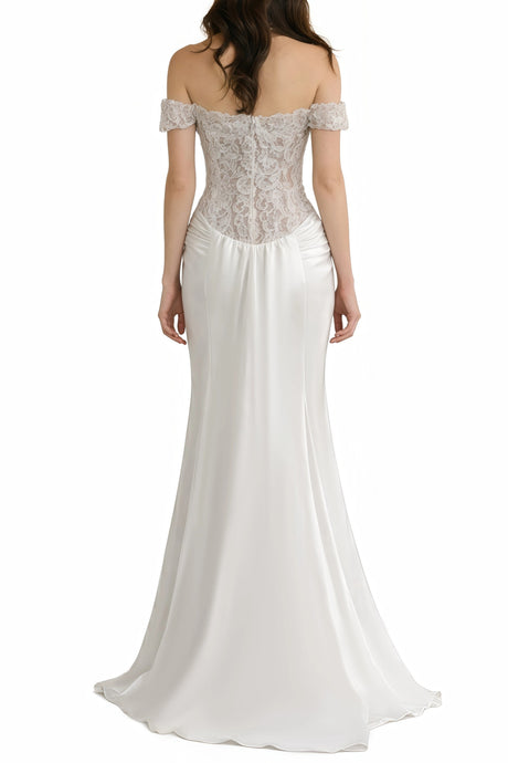 Aurora Maxi Dress White Satin with Lace Panels