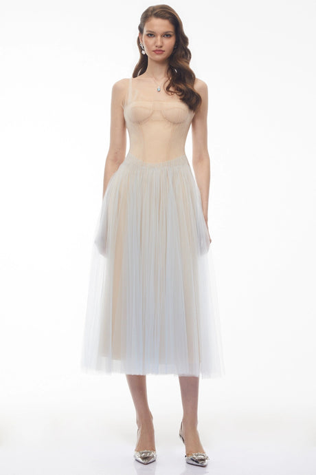 Zaira Midi Dress Dusty Blue Pleated Mesh