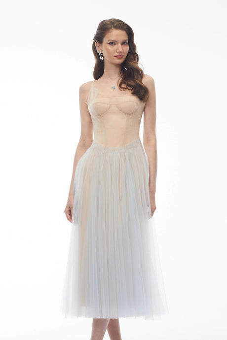 Zaira Midi Dress Dusty Blue Pleated Mesh