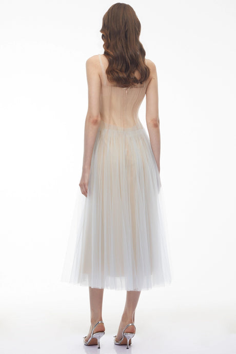 Zaira Midi Dress Dusty Blue Pleated Mesh