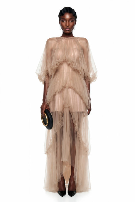 Lucia Maxi Dress Nude Asymmetrical Pleated