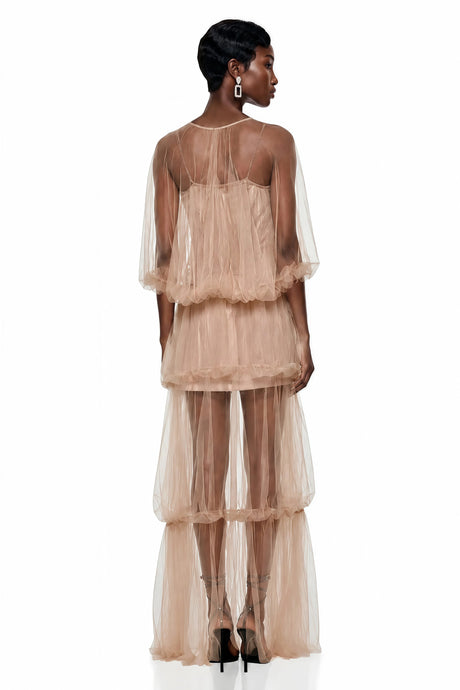 Lucia Maxi Dress Nude Asymmetrical Pleated