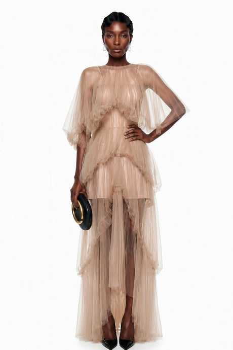 Lucia Maxi Dress Nude Asymmetrical Pleated