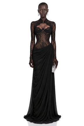 Gracie Black Ruched Maxi Dress with Lace Panels