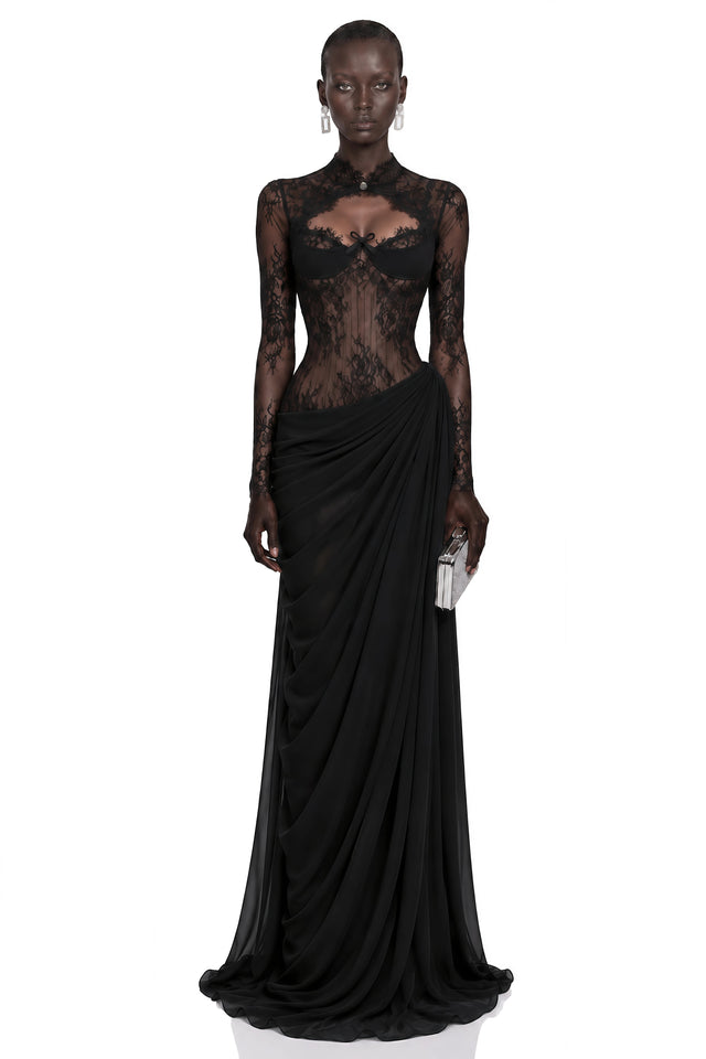 Gracie Black Ruched Maxi Dress with Lace Panels