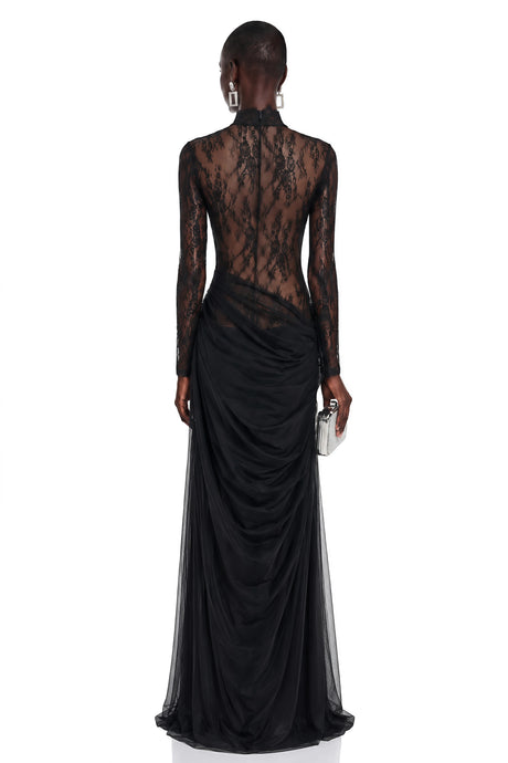 Sabina Maxi Dress Black Ruched with Lace Panels