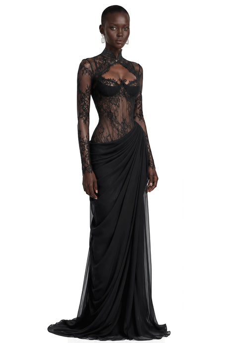 Sabina Maxi Dress Black Ruched with Lace Panels