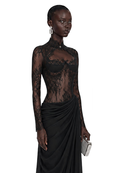 Sabina Maxi Dress Black Ruched with Lace Panels