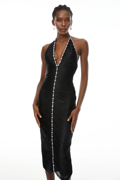 Rosalia Midi Dress Black Halterneck Embellished Fringed