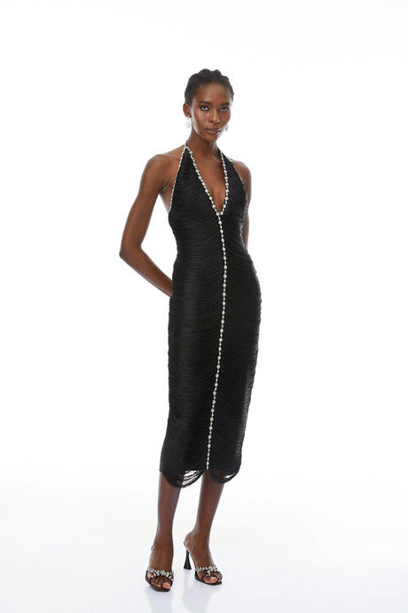 Rosalia Midi Dress Black Halterneck Embellished Fringed