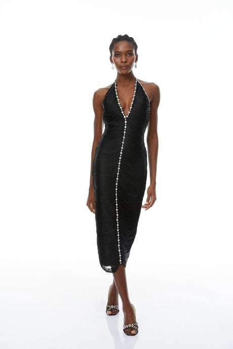 Rosalia Midi Dress Black Halterneck Embellished Fringed