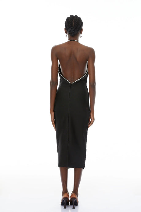 Rosalia Midi Dress Black Halterneck Embellished Fringed