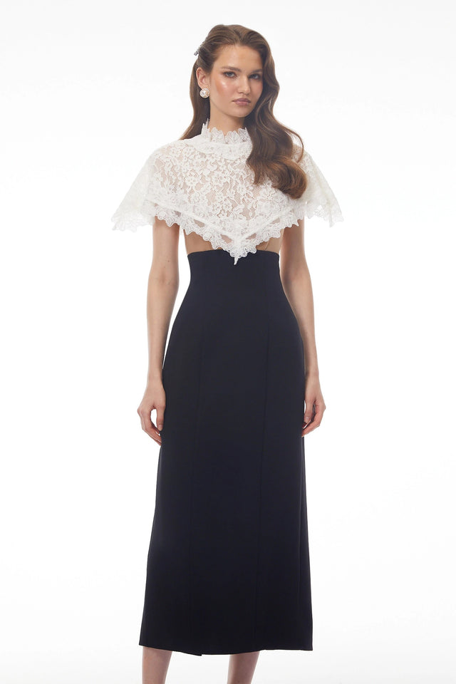 Greta Black Round Neck Lace Cape Maxi Dress