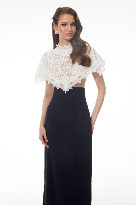 Donatella Maxi Dress Black Round Neck Lace Cape