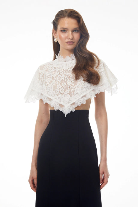 Donatella Maxi Dress Black Round Neck Lace Cape