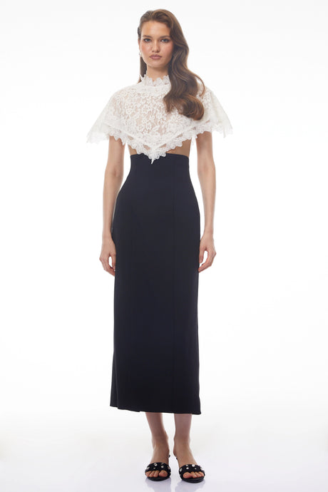 Donatella Maxi Dress Black Round Neck Lace Cape