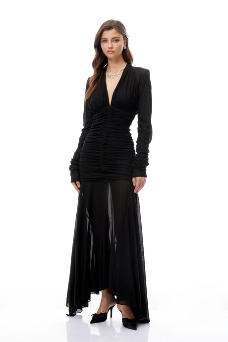Brielle Maxi Dress Black Ruched Sheer Mesh