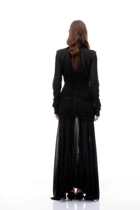 Brielle Maxi Dress Black Ruched Sheer Mesh