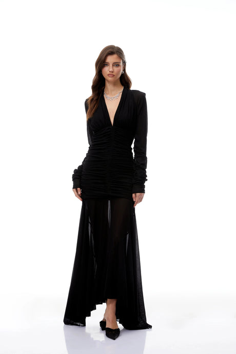 Brielle Maxi Dress Black Ruched Sheer Mesh