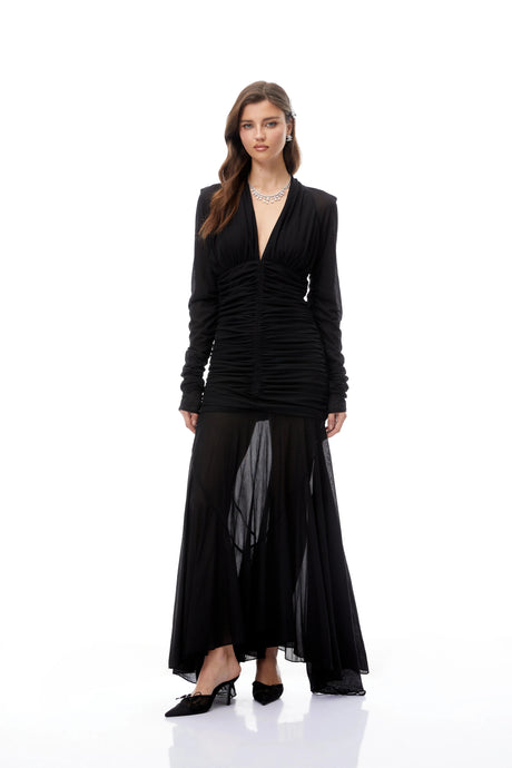 Brielle Maxi Dress Black Ruched Sheer Mesh