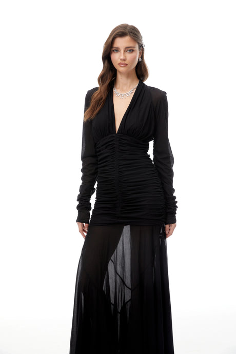 Brielle Maxi Dress Black Ruched Sheer Mesh