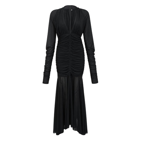 Brielle Maxi Dress Black Ruched Sheer Mesh
