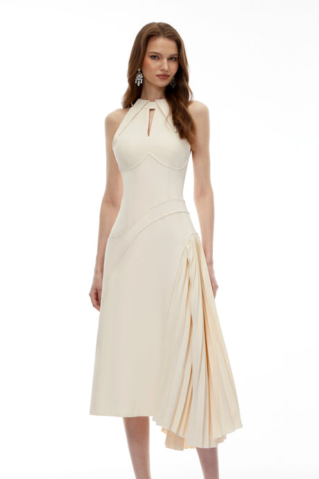 Hattie Midi Dress Neutral Halterneck Ruched
