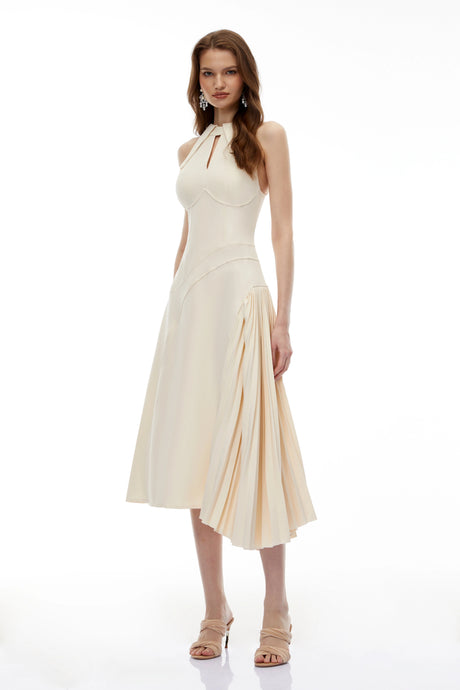 Hattie Midi Dress Neutral Halterneck Ruched