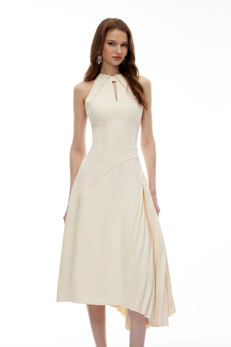 Hattie Midi Dress Neutral Halterneck Ruched