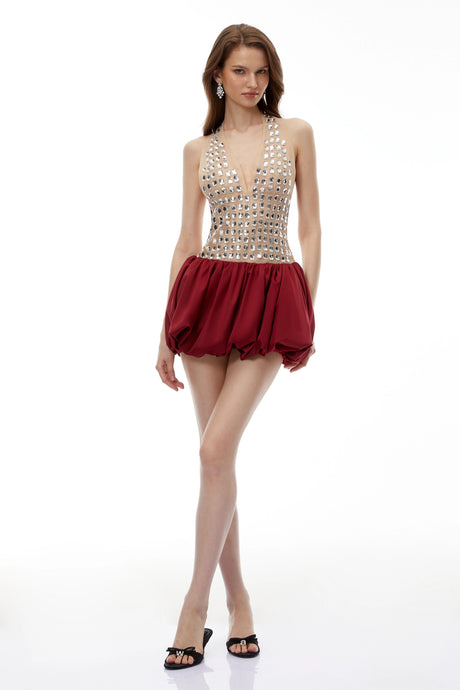 Kenzie Mini Dress Red Halterneck Embellished Bubble