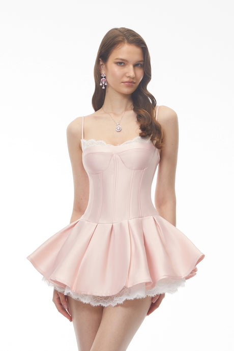 Genoveffa Mini Dress Baby Pink Ruffled with Lace Trim